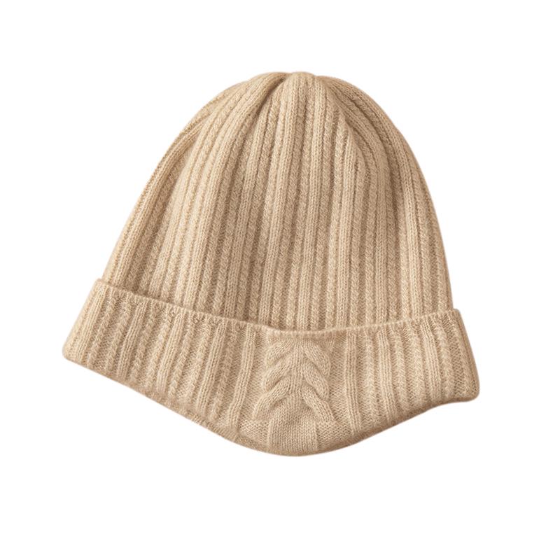 Women's British Style Pure Cashmere Knitted Hat: Solid Color, Ear Protection, Warm for Autumn and Winter.