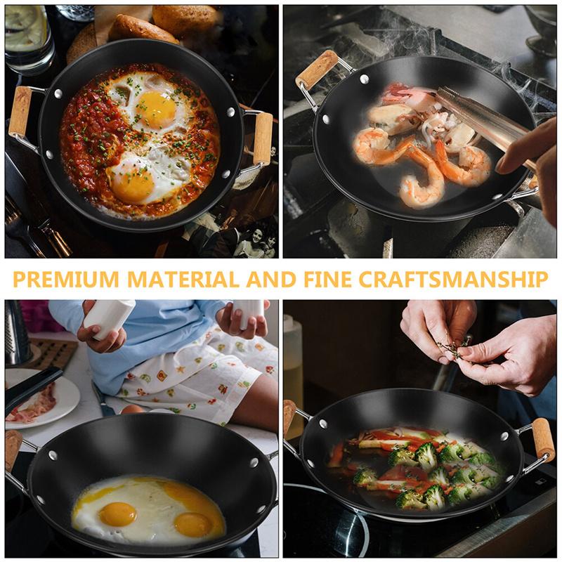 Stainless Steel Griddle Induction Frying Pan Cooking Thickened Dry Pot Wooden Individual Handle Kitchen Supply Double Ear