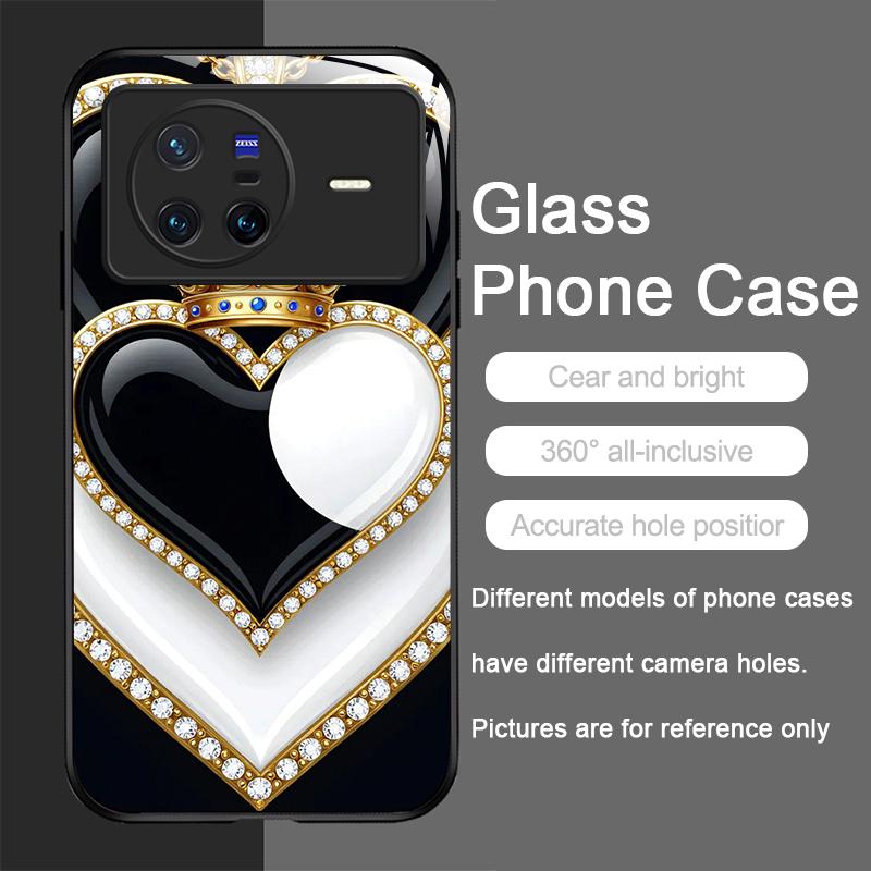 Stylish Black White Heart with Pearls Tempered Glass Phone Case for OPPO Reno 13F 12 11 10 ProPlus Find X8 X3 Lite A58 A94 Cover