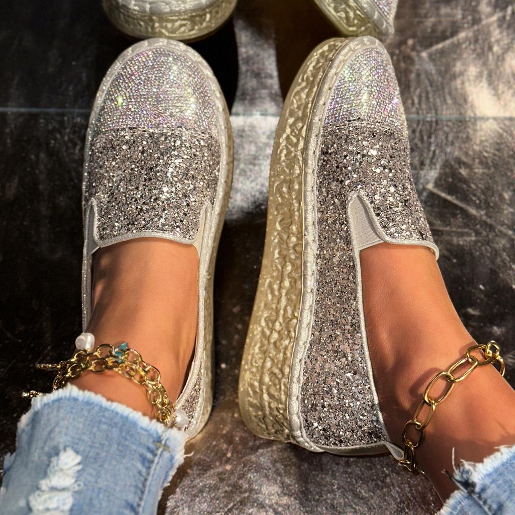 Large Size Casual Rhinestone Single Shoes Women's 2025 Spring New Shallow Loafers Thick-soled Rhinestone Fashion Women's Shoes