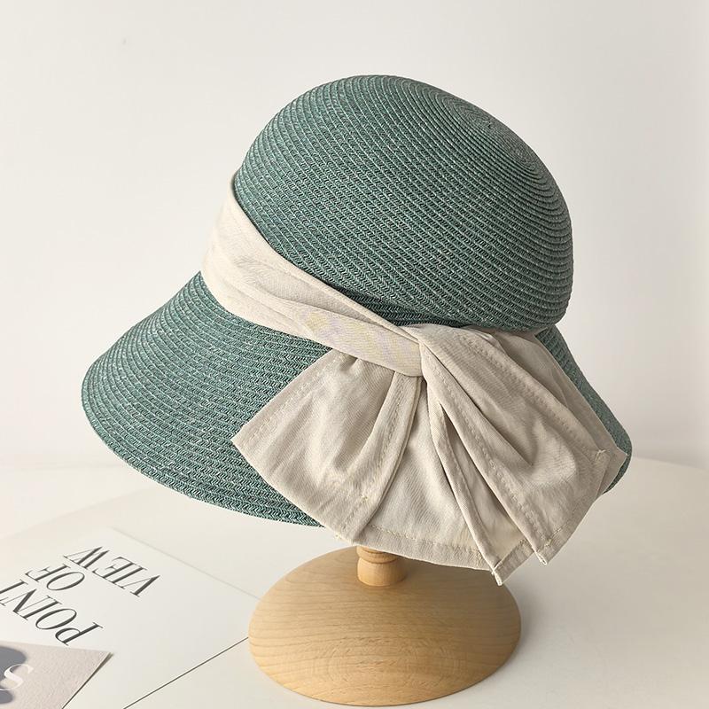 Elegant Pleated Large Double Bow Thin Straw Bucket Hat Women's Summer Beach Straw Hat Travel Visor