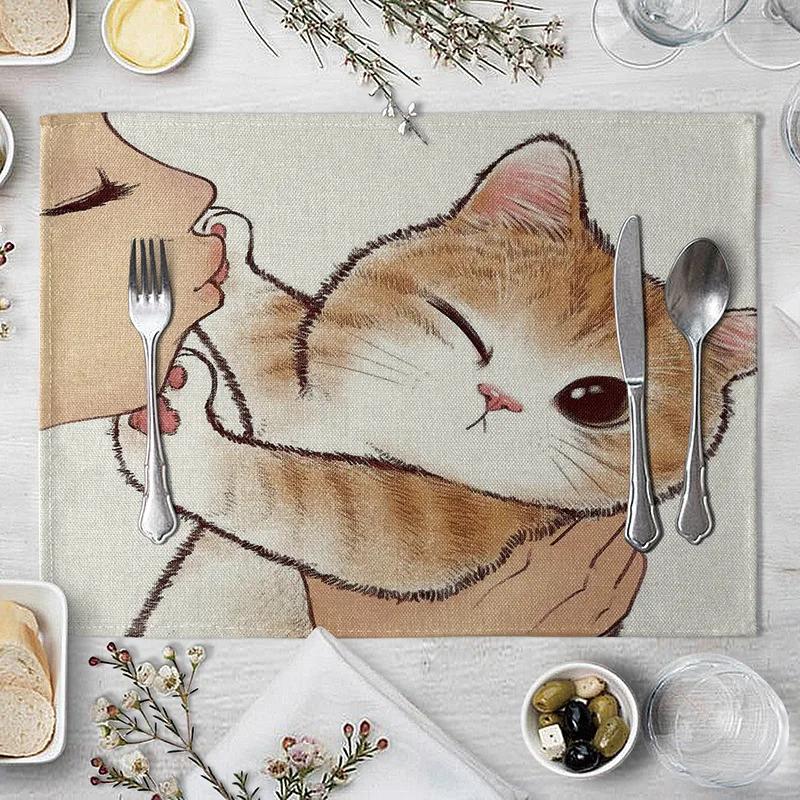 40x30cm Linen Cat Print Table Mat Cute Cat Cartoon Animal Pattern Placemats For Children Kids Kitchen Dining Place Mats Pads