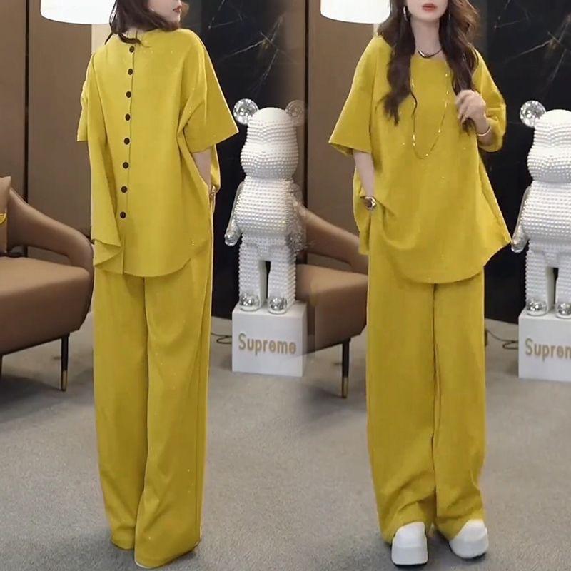 Summer Dopamine - A Complete Set of Sequined Sportswear Outfit for Women, Featuring Slimming Wide-leg Pants and A Casual Two-piece Set.