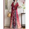 Chinese Tang Dynasty Beizi Hanfu Set, Printed Cardigan Ethnic Style One-Piece Waist Skirt Daily Wear