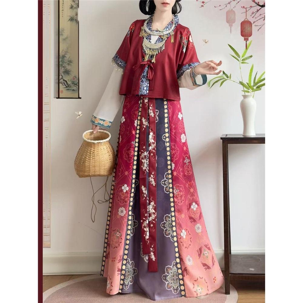 Chinese Tang Dynasty Beizi Hanfu Set, Printed Cardigan Ethnic Style One-Piece Waist Skirt Daily Wear