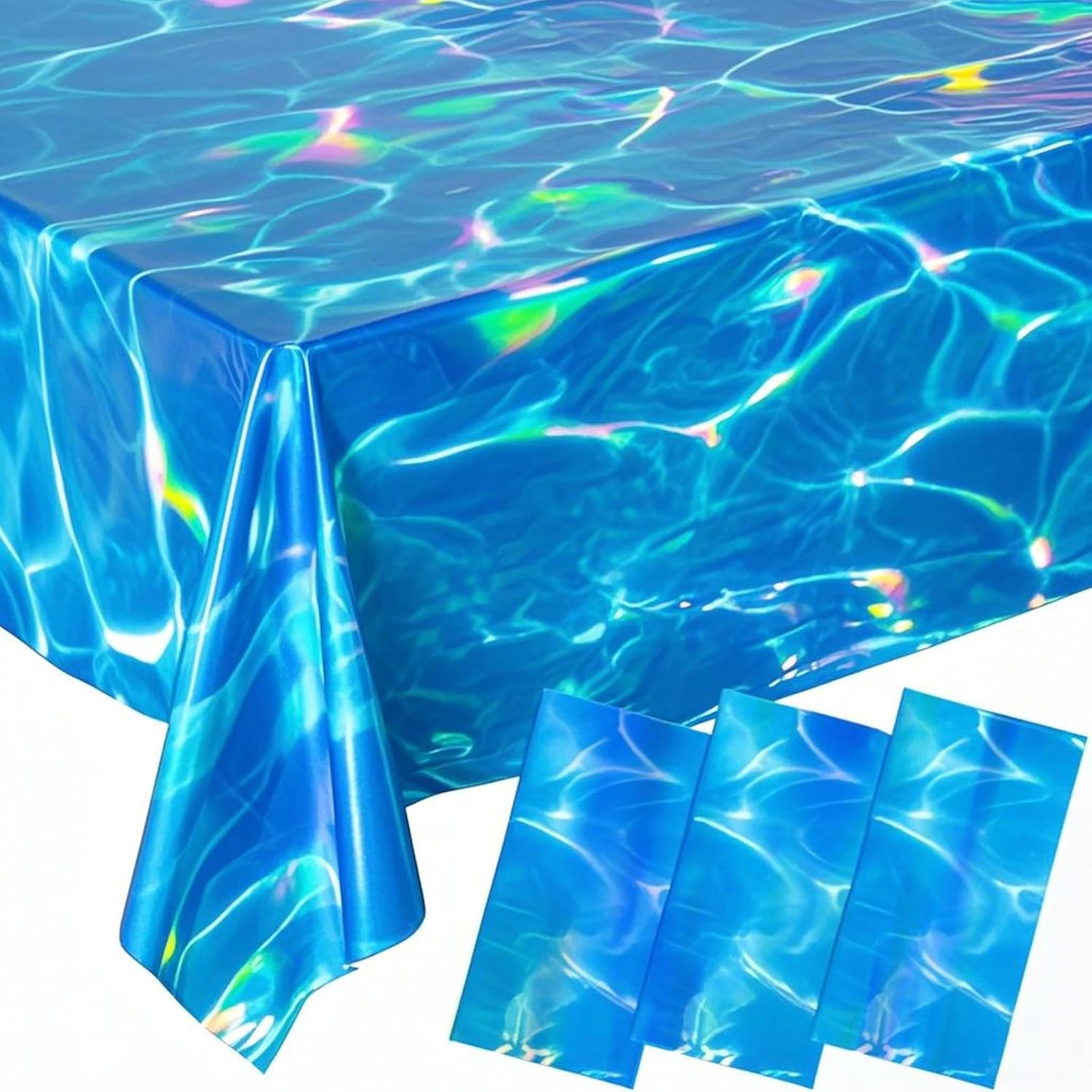 3 Pcs Iridescent Ocean Waves Tablecloths, 54 x 108 Inch Disposable Plastic Ocean Table Cloth, Water Print Tablecloths Ocean Table Cover for Beach Iridescent Ocean