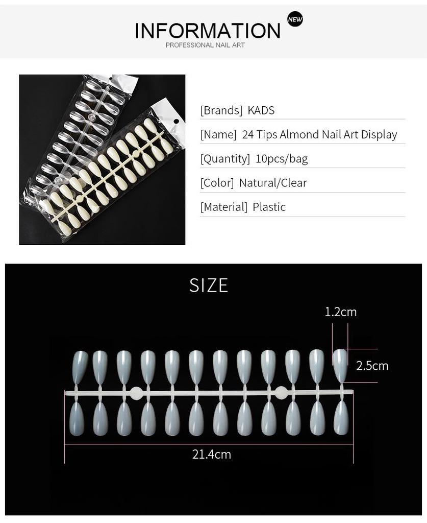 kads 10Pcs 24 Almond False Nail Tips Fake Nail Polish Color Chart Display Board Nail Art Practice Display