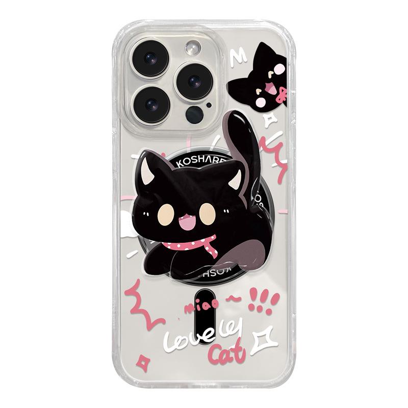 Black cat magnetic bracket bracelet is suitable for Apple 16promax mobile phone case 13 transparent silicone 15 cute 14 girls