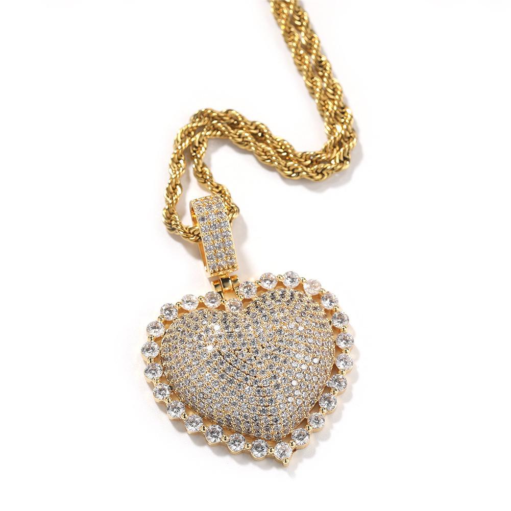 European and American Hip Hop Copper Set Zircon Love Pendant Full Diamond Heart Shaped Necklace Unisex Trendy Personalized Accessory