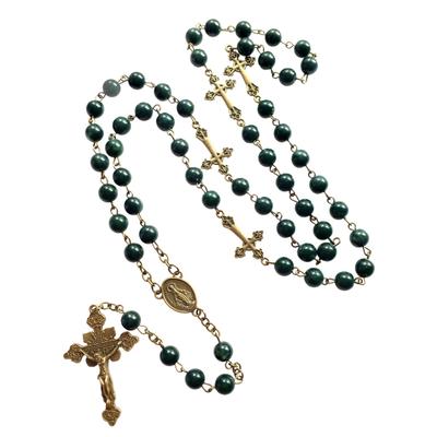 Green Pearl Beads Rosary Necklace with Medal & for Cross Crucifix Pendant Y Shape Necklace Jewelry Gifts for Women Men