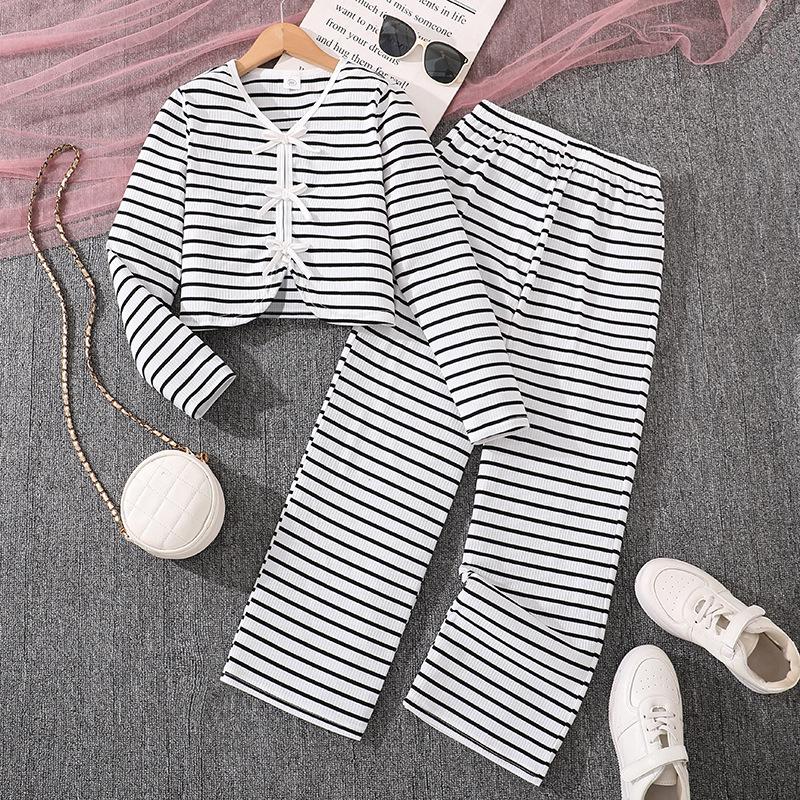 

Autumn 2025 Fashion: Striped Bow Top & Wide-Leg Pants Set for Girls 170 cm білий