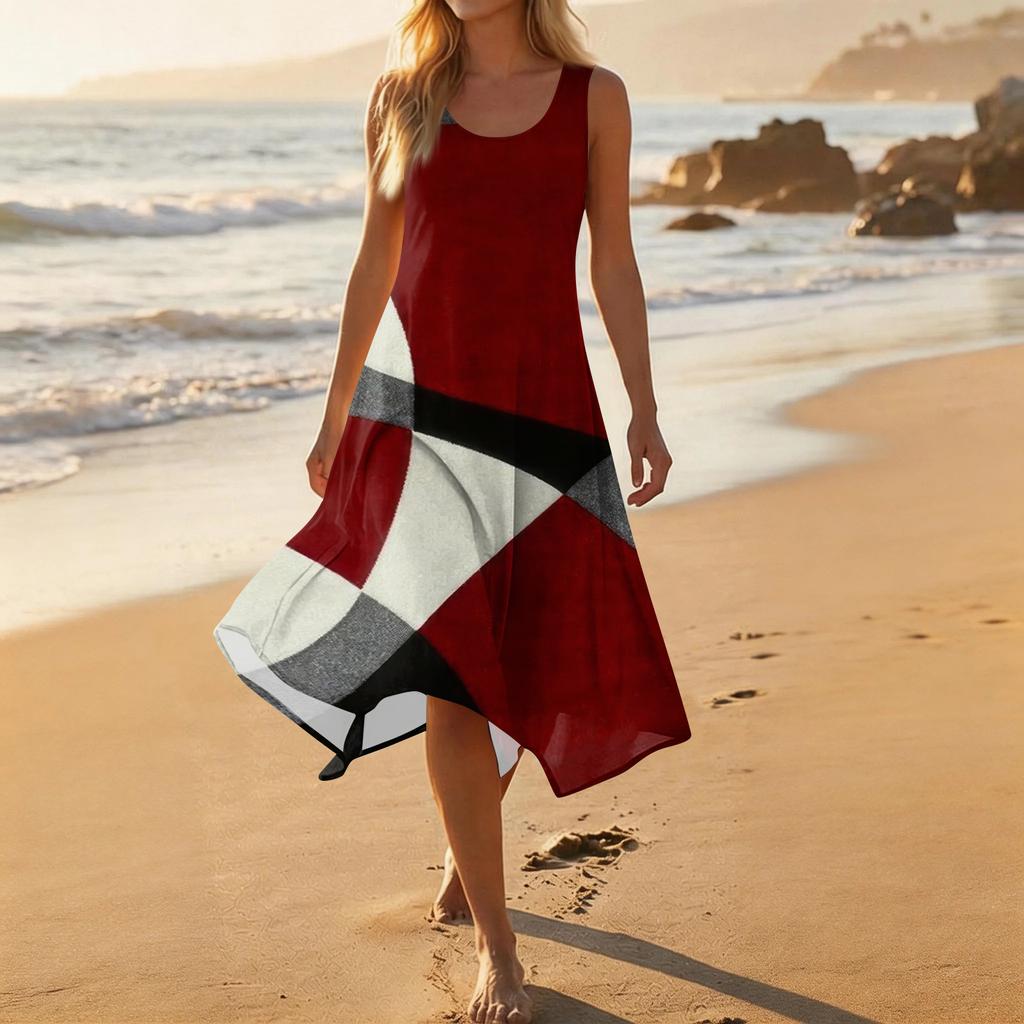 Vestido Midi Casual de Moda para Mujer, Cuello Redondo, Sin Mangas, Dobladillo Irregular