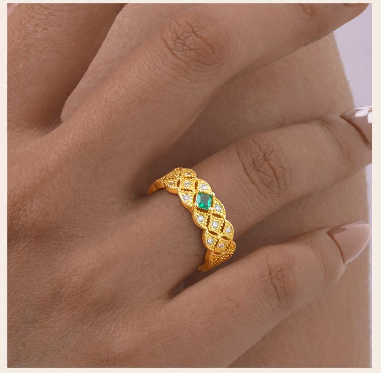 Stainless Steel Adjustable Ring for Women, 18K Gold Plated Emerald Zircon Open Cuff Band Waterproof Tarnish Free Jewelry
