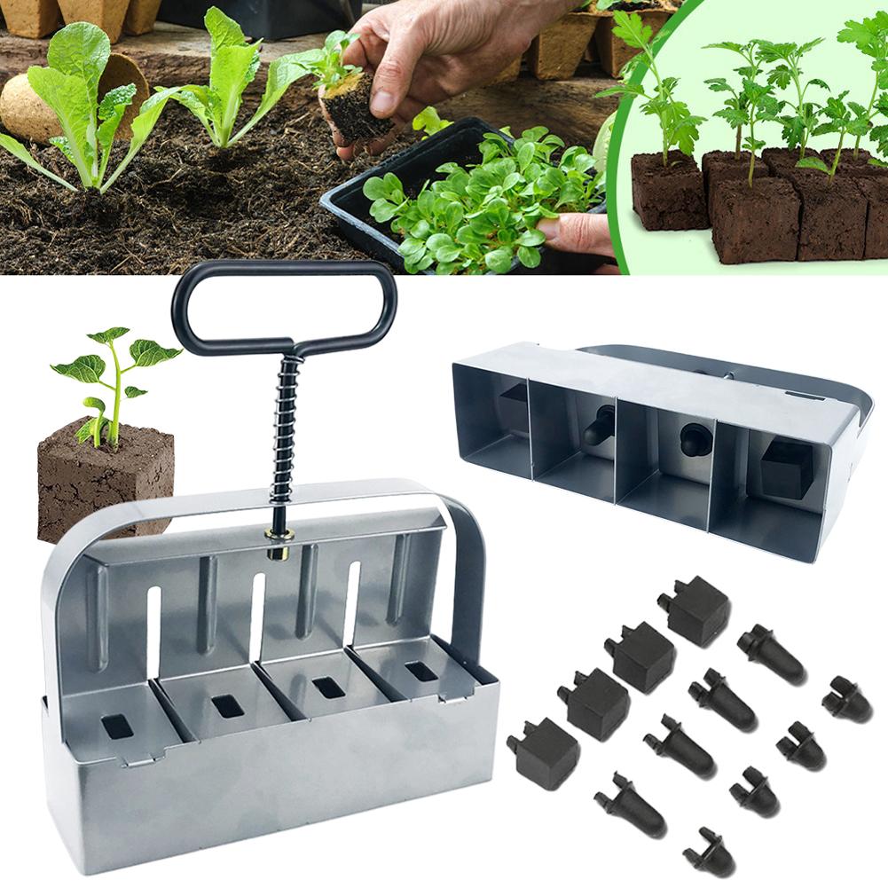 Soil Block Machine Stainless Steel Handheld Block Maker 4 Cell Manual Soil Blocking Tool with Comfortable Handle for Greenhouses