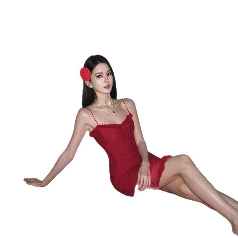 French Red Mesh Ruffle Edge Suspender Dress Women's Seaside Vacation Hip Fishtail Dress