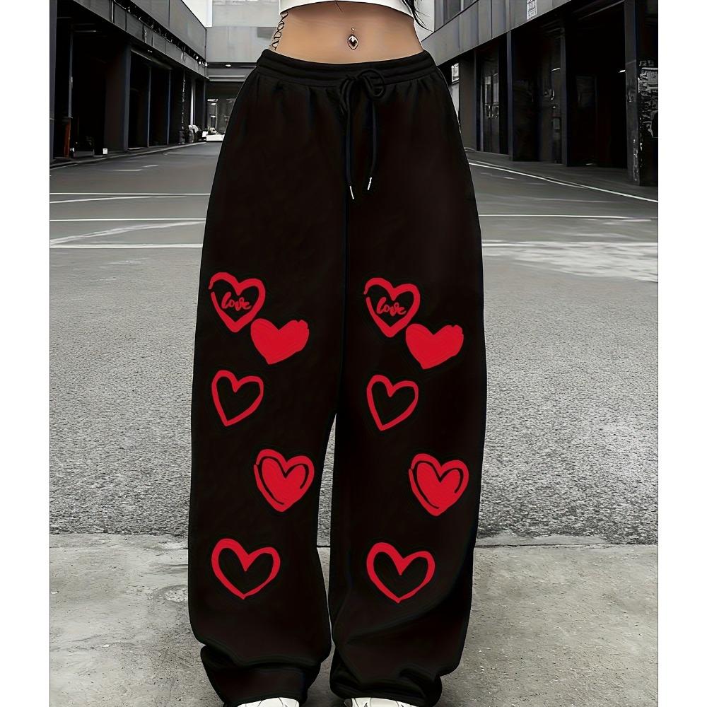 Red Heart Printed Casual Sports Pants with Drawstring and Elastic Waist American Casual Trend Women's Pants