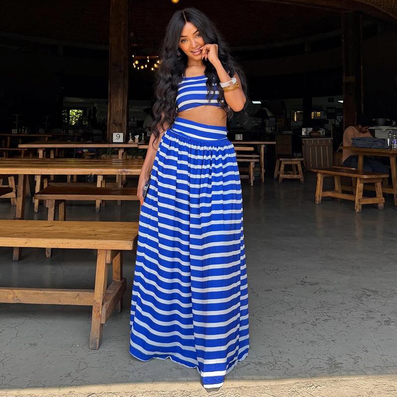 Ins Fashion Printed Women's Clothing Blue and White A-shaped Skirt Set One-word Collar Chest Wrap New Two-piece Set Popular