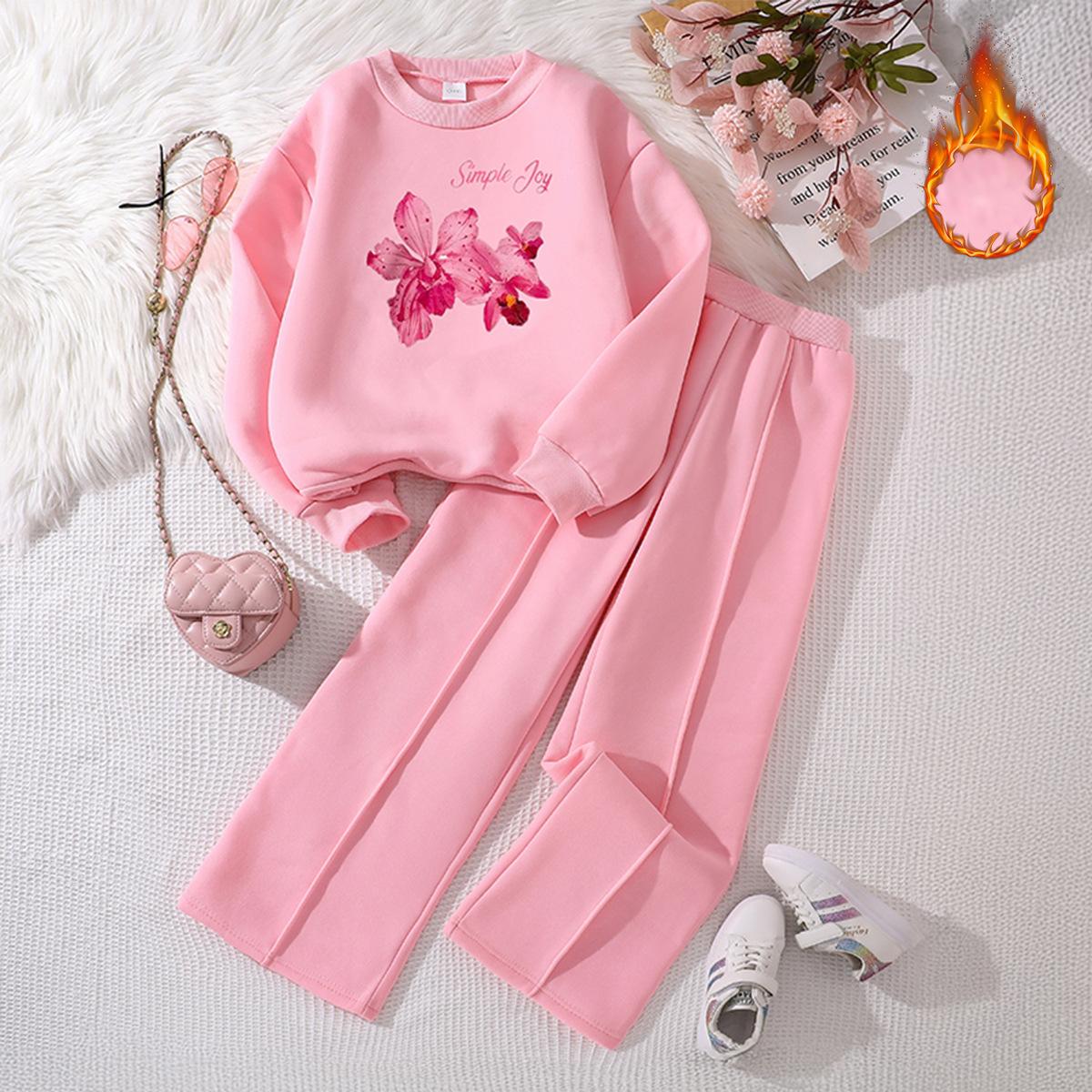 

Модный комплект для девочек, Осенняя детская и девичья разноцветная толстовка с длинным рукавом и принтом букв и цветов, Повседневные длинные брюки 170cm=12Y розовый