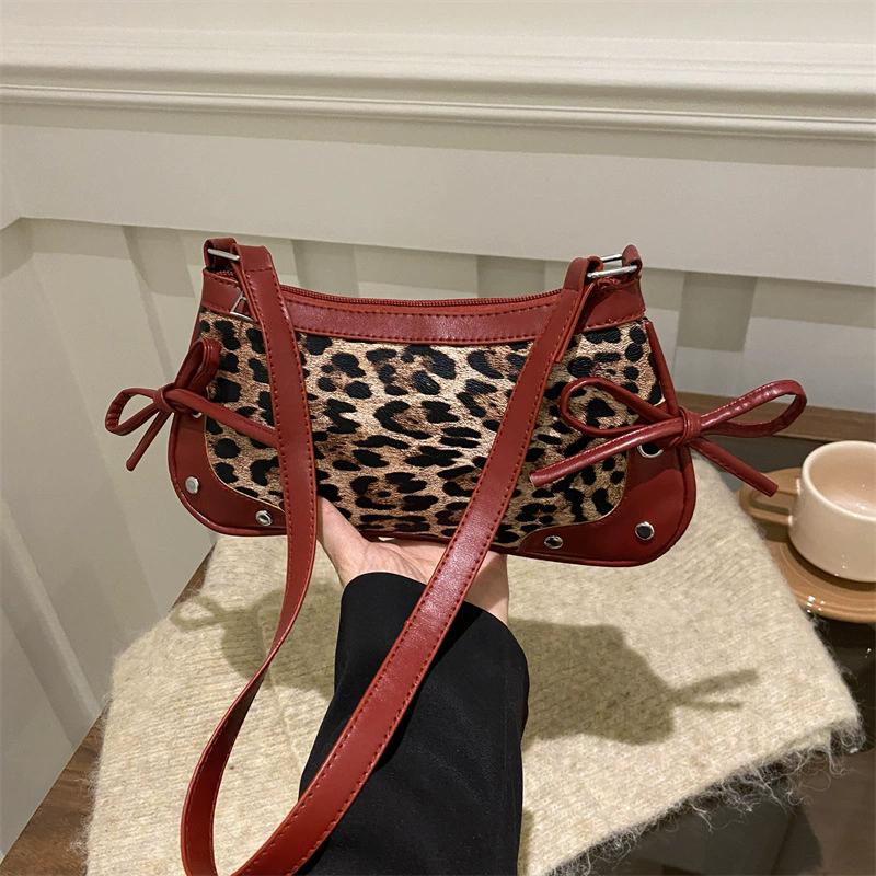 Women's Splicing Leopard Pattern Retro Bow Crossbody Bag New Trendy Fashion PU Leather Single Shoulder Underarm Small Square Bag