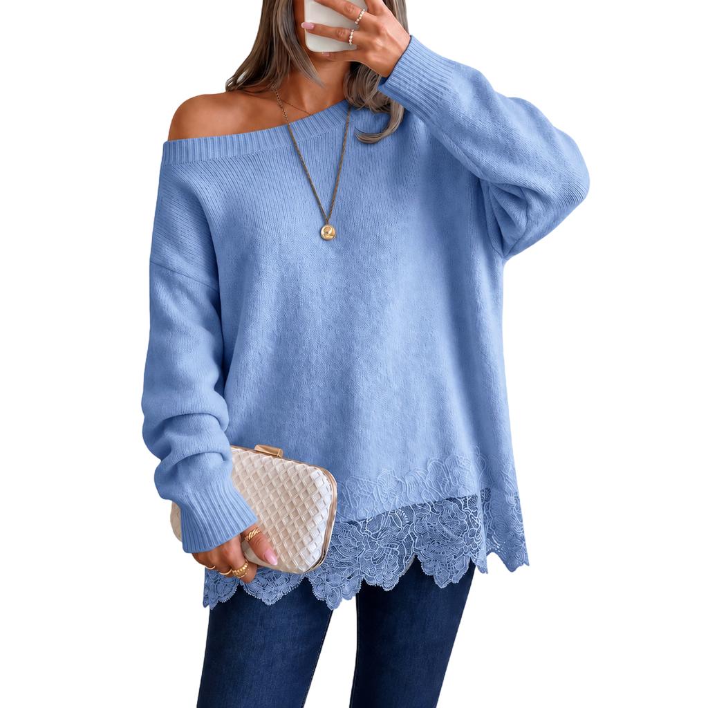 Women's Off Shoulder Loose Fit Knit Sweater Lace Trim Long Sleeve Round Neck Pullover Top for Fall Winter