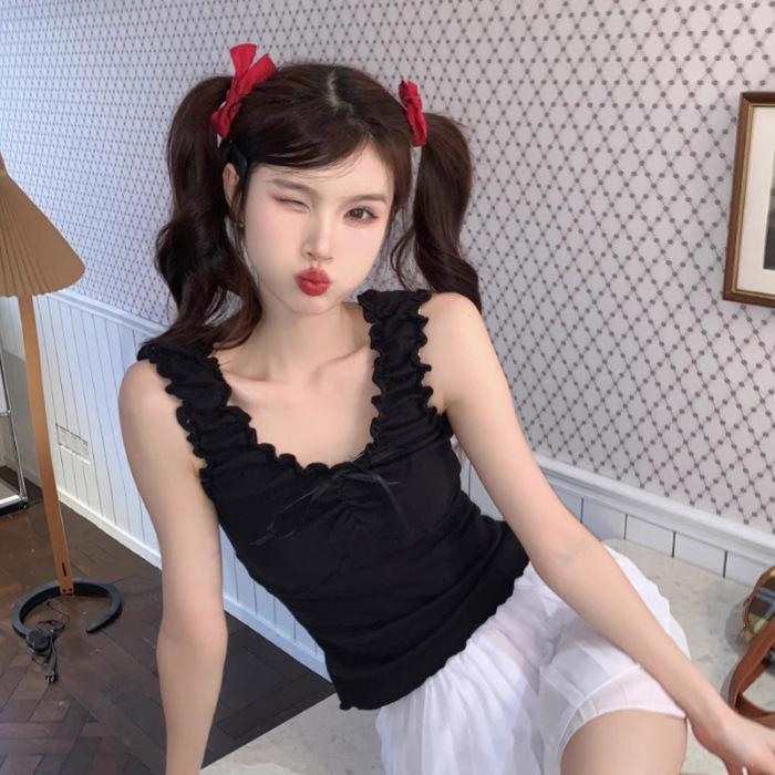 Sweet wind splicing fungus edge vest women's spring and summer age reduction slim fit with short suspender top