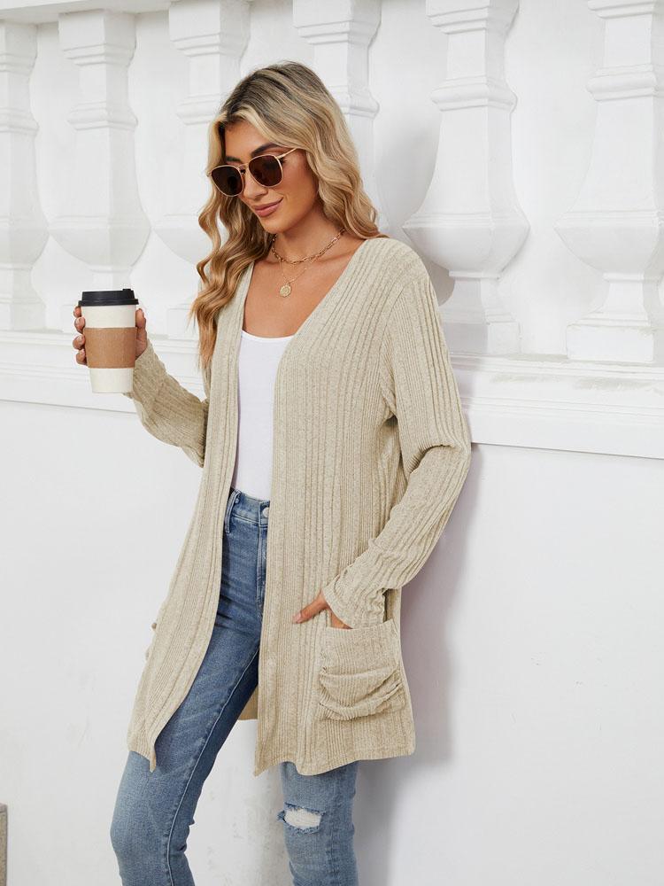 Autumn and Winter New Pit Stripes Long-sleeved Pockets Casual Solid Color Cardigan Jacket Long Cardigan Women Tops Kawaii Sweater