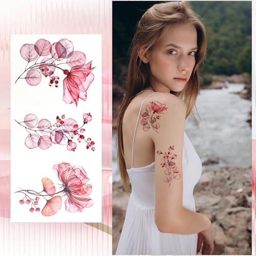 JJUNW 20 Sheets Watercolor Flower Temporary Tattoos, Waterproof Realistic Fake Tattoos for Adults, Floral Skin Stickers for Arm Ankle Body Art