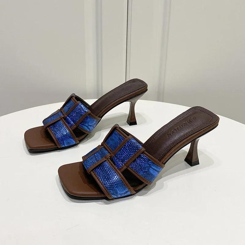 2024 New Brand Summer High Heel Women Slippers Fashion Square Toe Slip On Slides Ladies Elegant Party Dress Sandalias