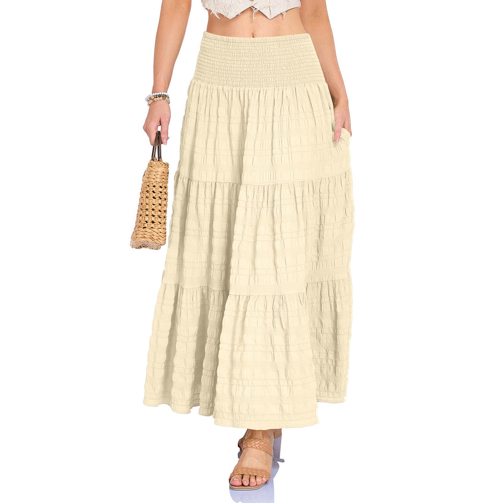 Women’s Long Maxi Skirt with Smocked Waist and Tiered Design Lightweight Flowy Fabric Casual Loose Fit Skirt for Everyday Wear M бежевый