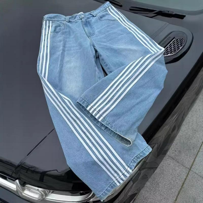 Mens Retro Streetwear Straight Cut Wide Leg Denim Pants With Stripe Detail Water Washed Cotton Blend