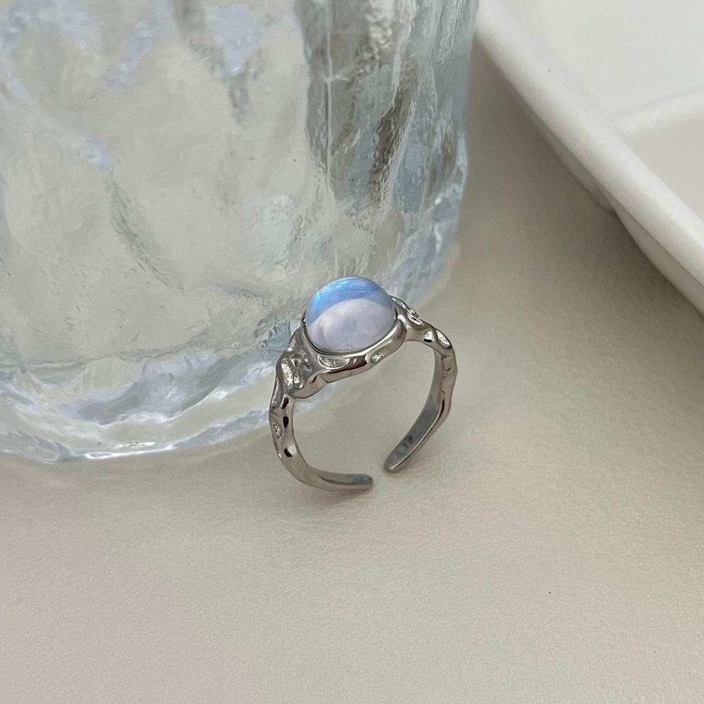 Korean Iridescent Moonstone Ring - Blue/White Gradient, Irregular Texture, INS Style