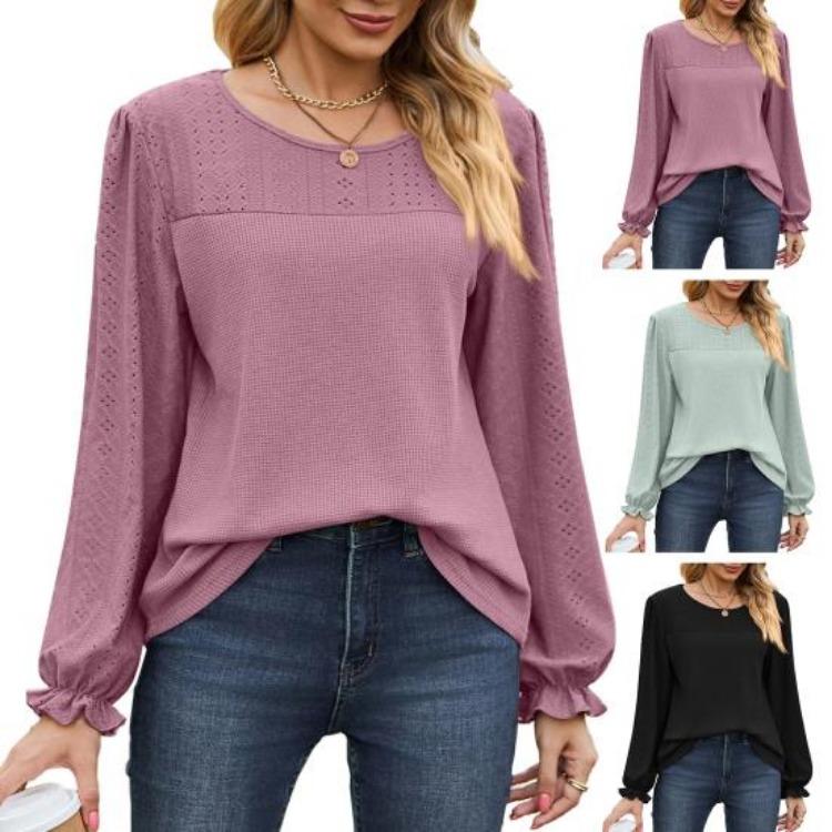 Breathable Mesh Long Sleeve Tops for Women Solid Color Puff Sleeve T Shirt Round Neck Casual Daily Wear