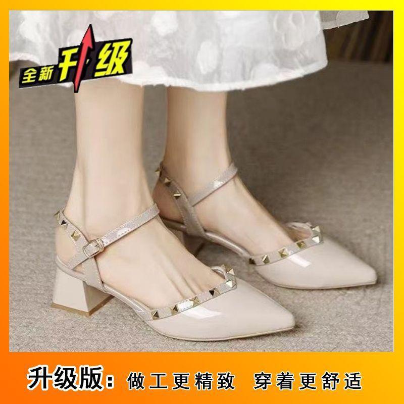 Coarse heel French rivet sandals comfortable non-slip sandals 2025 summer and autumn new versatile pointed heightening cool slippers