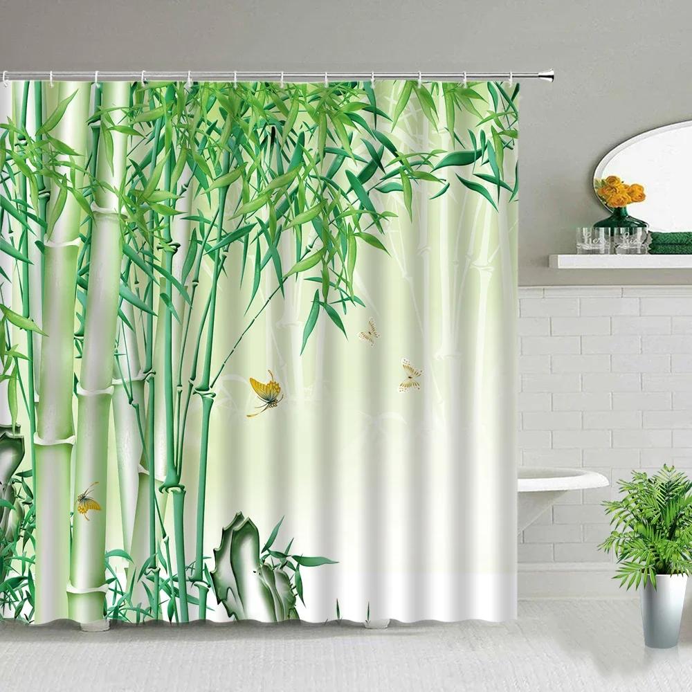 Modern Green Natural Bamboo Series Shower Curtain Set Waterproof Home Bathroom Decor Curtains With Hook Popular Bath Accessories