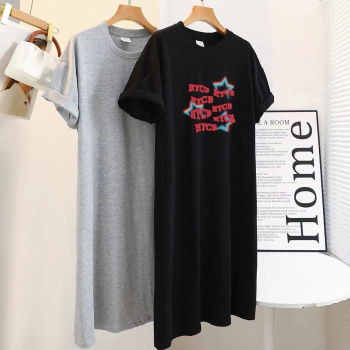 Nové těhotenské tričkové šaty s krátkým rukávem v korejském stylu na léto, volné dlouhé šaty ke kolenům a jednoduché a módní šaty