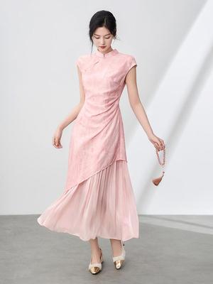Elegant Luminous Pleated Jacquard Qipao Dress - Summer Edition