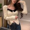 Elegant Vintage Knitted Outwear Blouse Women French Casual Korean Style Short Sweater Long Sleeve Y2k Slim Pullover Female 27289