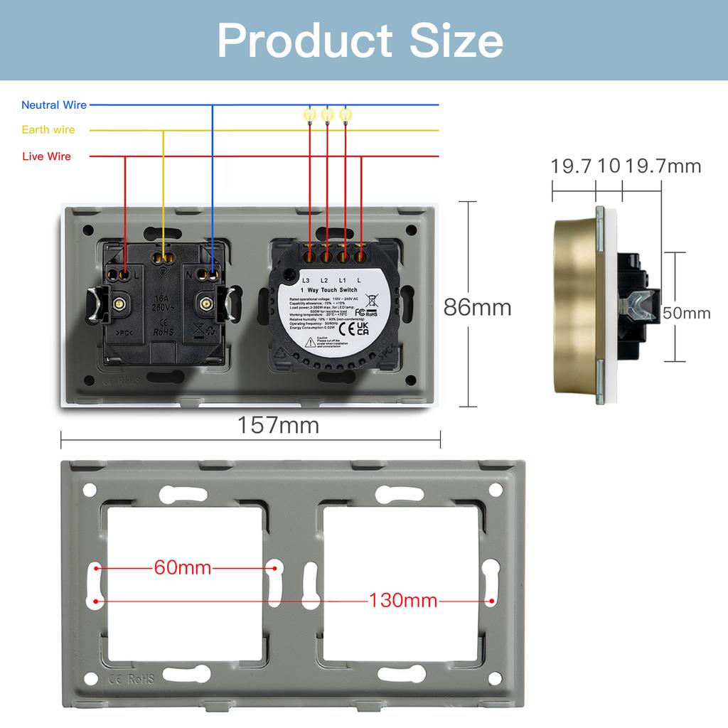 BSEED 1/2/3Gang Touch Light Switches 1Way With Dual Wall Sockets EU Standard Blue Backlight Glass Panel Gold