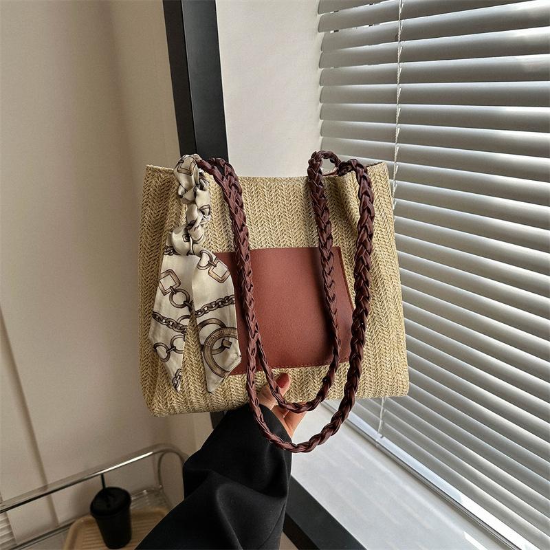 

Велика сумка Weaving Trend, жіноча нова весняна модна сумка через плече 2024 року, повсякденна сумка з шовковим шарфом для приміських поїздок коричневий