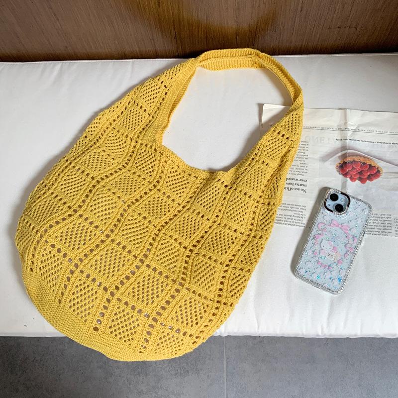 Yogodlns Retro Knitted Net Bag Shoulder Tote Beach Holiday Women's Bag Weaving Art Style Casual Minimalist Polyester Handbags