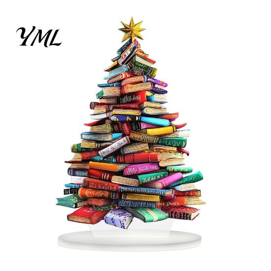 Book Lover Christmas Gifts Stacked Tree Ornament, 2D Flat Stacking Holiday Hanging Decoration, Desktop Display Reading Theme Acrylic Pendant,