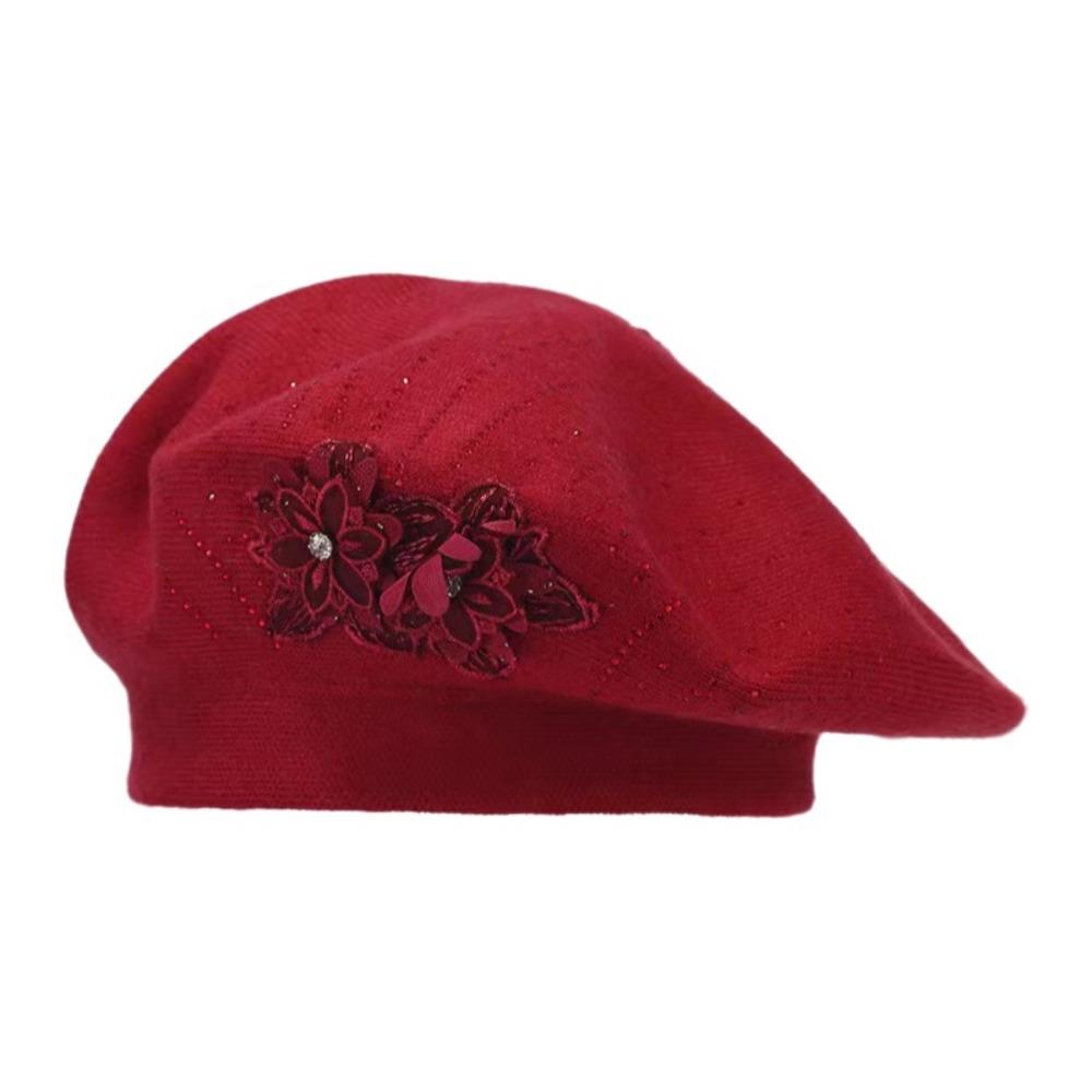 Flower Embroidery Women Beret Button Design Thick Material Woolen Hat Ear Protection Keep Warm Octagonal Hat Outdoor Activities