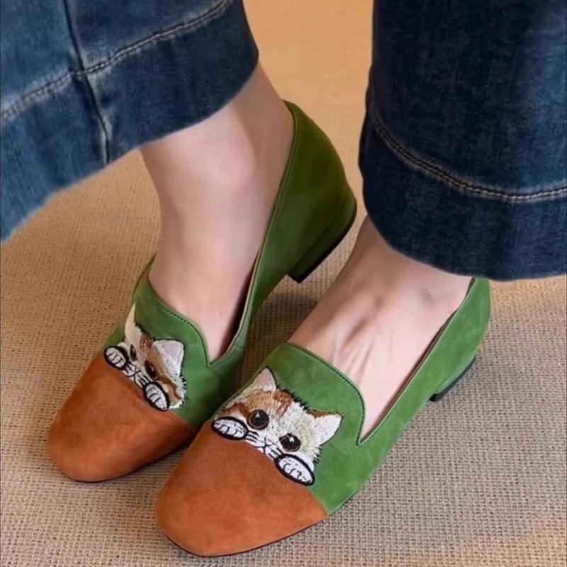 Fashion Luxury Designer Women's Retro Kitten Flats Slip-On Bean Style Comfortable Bean Shoes Cat Round Toe Shoes Internal Height 4cm