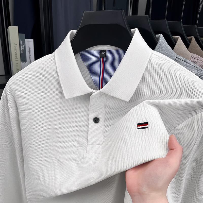 Men's Pure Cotton Embroidered Long-Sleeve Polo Shirt - Business Casual, Solid Color, Versatile for Spring and Autumn