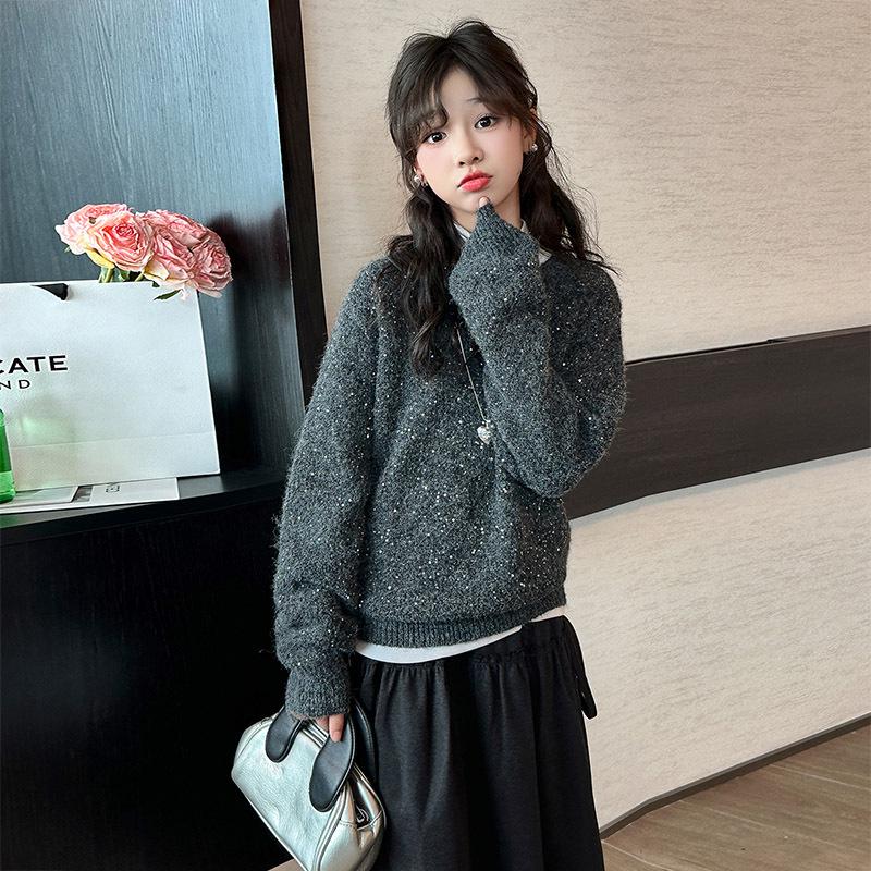 

Стильный корейский комплект из свитера с пайетками и юбки для девочек 2025 160 cm