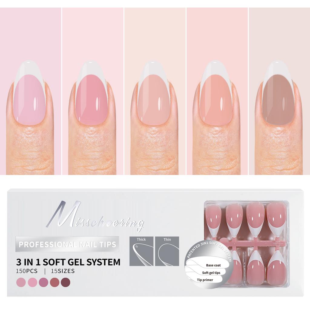 150Pcs Almond Press On Nails 3 in 1 Soft Gel Tips 5Colors Full Cover Fake False Extension Capsule Sculpted Tip Salon DIY