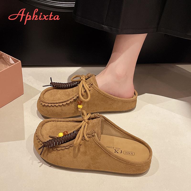 Fashion Aphixta 2025 New Summer Sewing Flat With Outside Slipper Women String Bead Lace Up Fashion Women Shoes Slip On Yellow Slides
