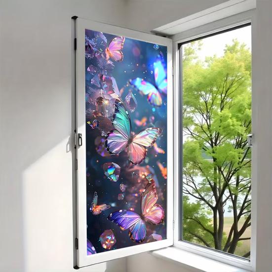 Window Privacy Film Stained Glass Flower Butterfly Decorative Window Sticker Heat Control Non-Adhesive Static Glass Cling for Home Bathroom Kitchen