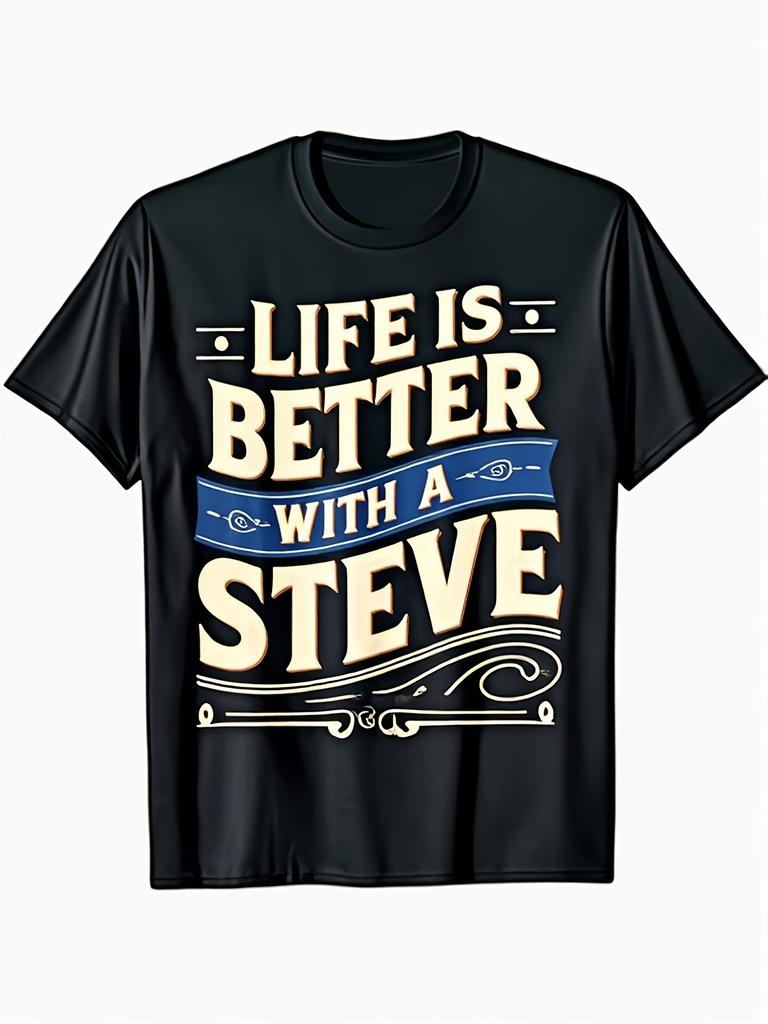 Men'S Vintage Steve Graphic T-Shirt Soft Breathable Tee Suitable for Gym Outdoor Casual Wear Black with Blue Steve Print Short Sleeve Round Neck Shirt