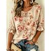 Women's Watercolor Blue Floral Print Tie Front Blouse, Casual Loose Top for Spring Summer Daily